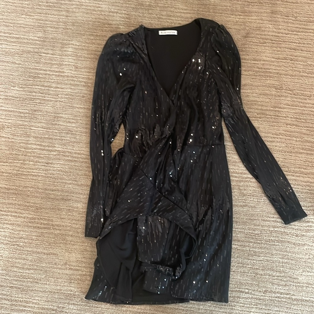 Black Sequin Reformation Mini Wrap Dress
